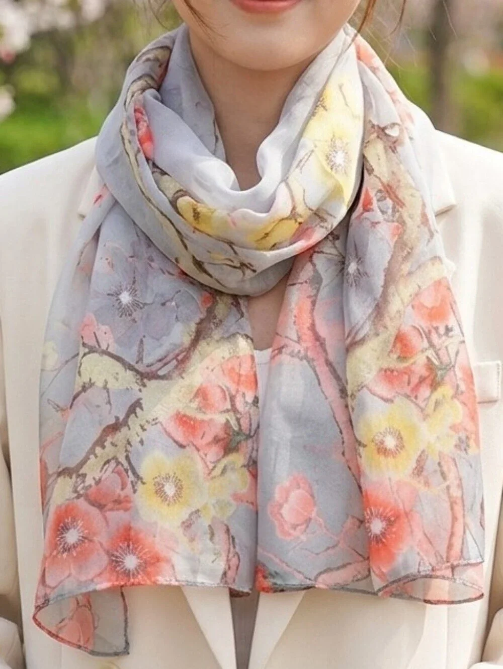Pink Cherry Blossom Yellow Floral Lightweight Scarf Chiffon Shawl Wrap 63